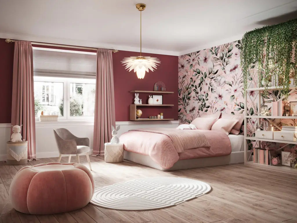 Modern bedroom with pink bedding, floral wall art, and decorative items.