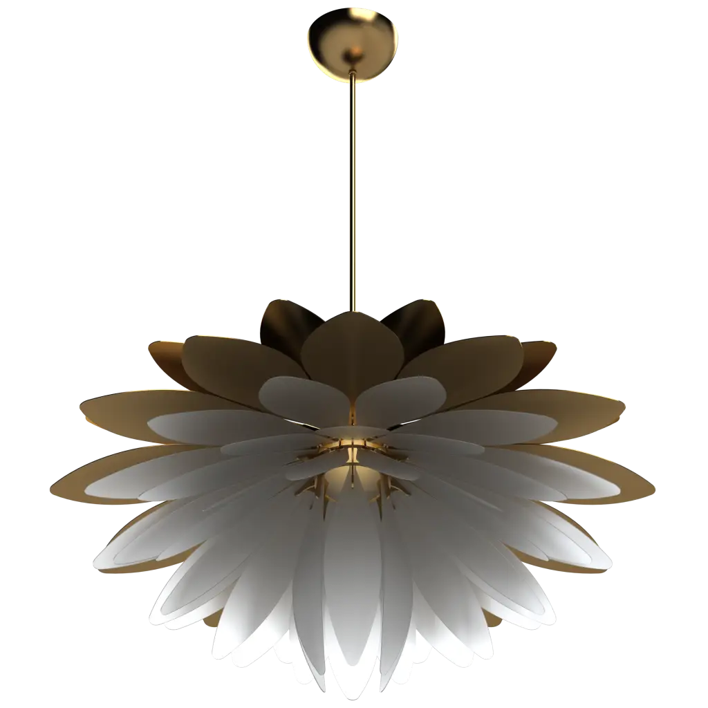 Decorative ceiling light fixture with gold and white petal-like design on a white background