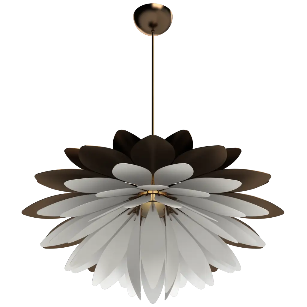 Modern pendant light with black and white design on a white background