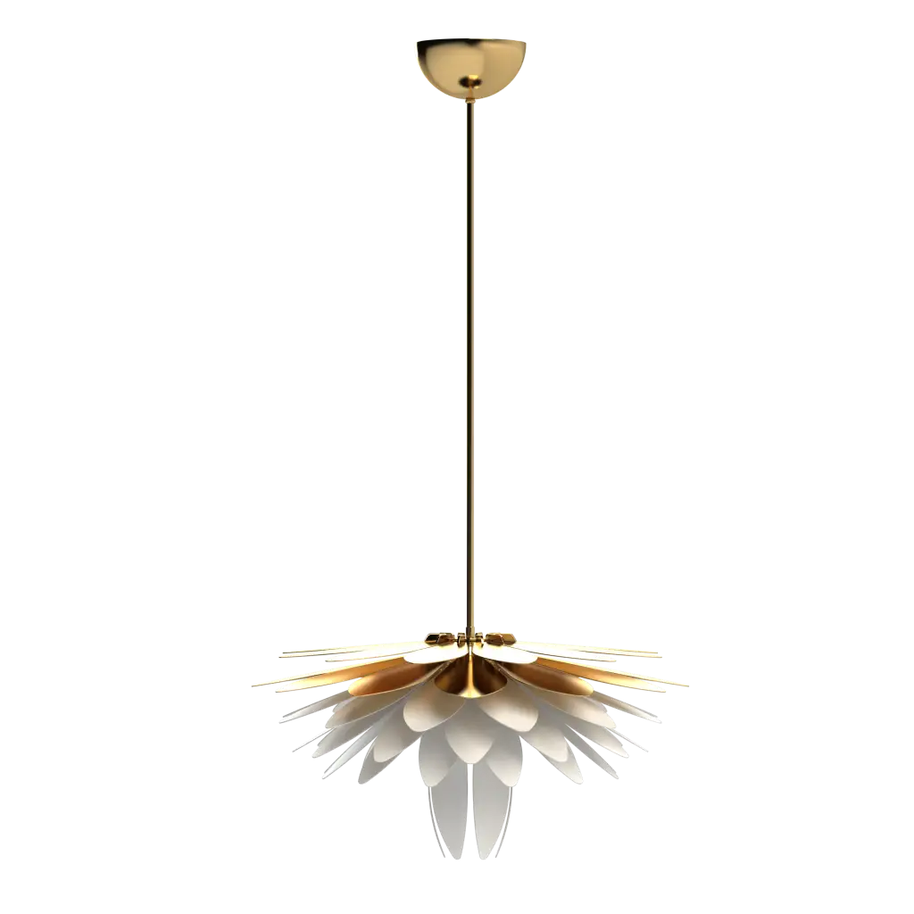 Modern pendant light with gold and white design on a white background