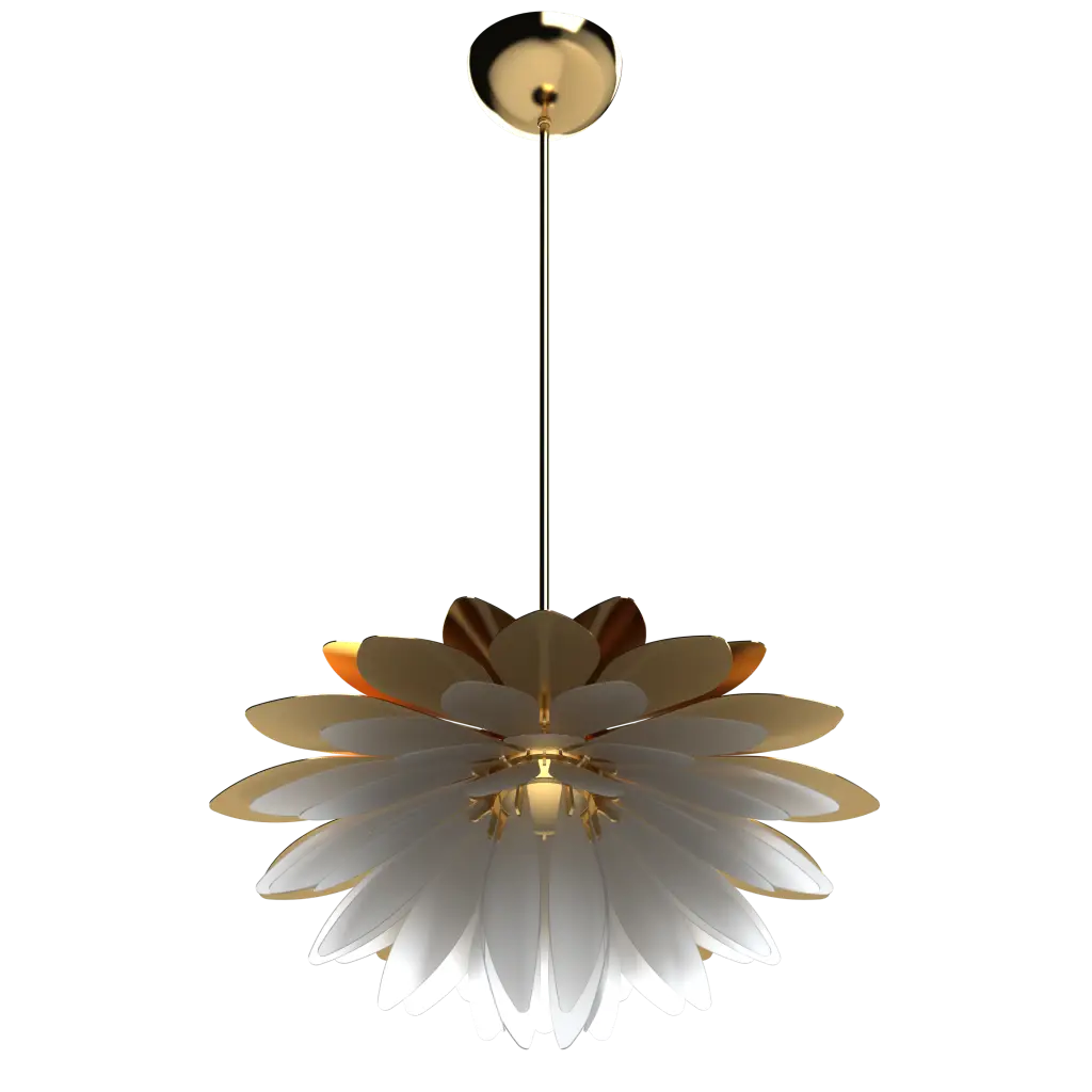 Decorative ceiling light fixture with gold and white design on a white background