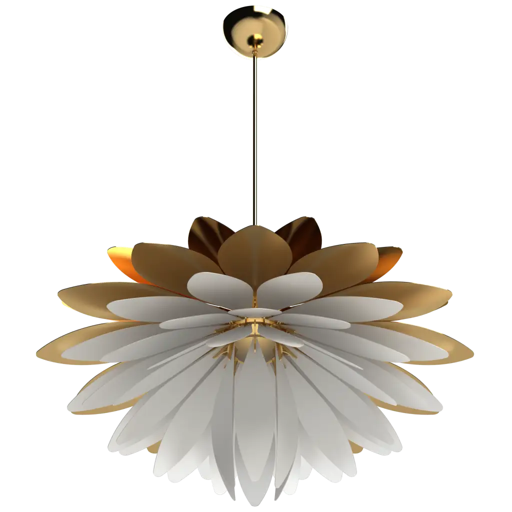 Decorative ceiling light fixture with gold and white design on a white background