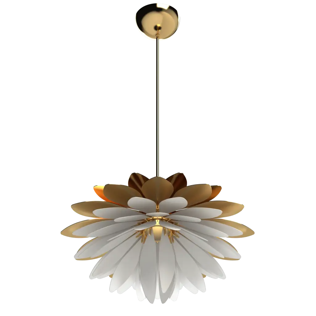 Modern pendant light with gold and white design on a white background