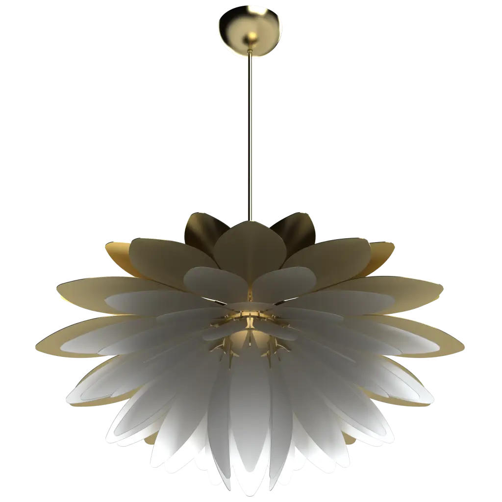 Decorative ceiling light fixture with gold and white design on a white background