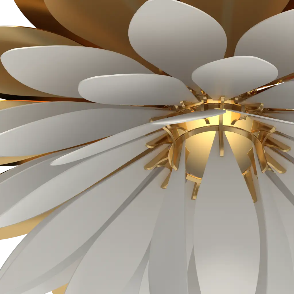 Close-up of a decorative ceiling light fixture with white and gold design.