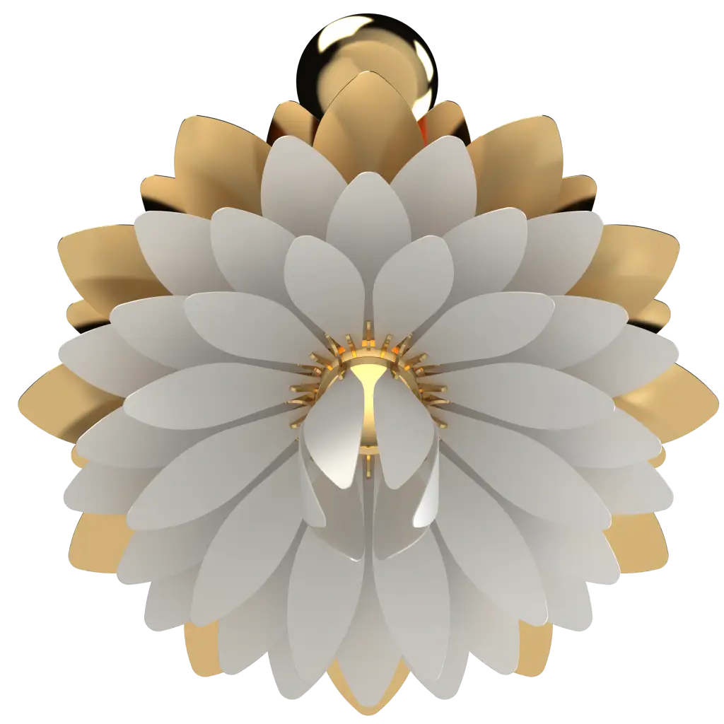 Decorative wall light fixture with white floral design and gold accents on a white background
