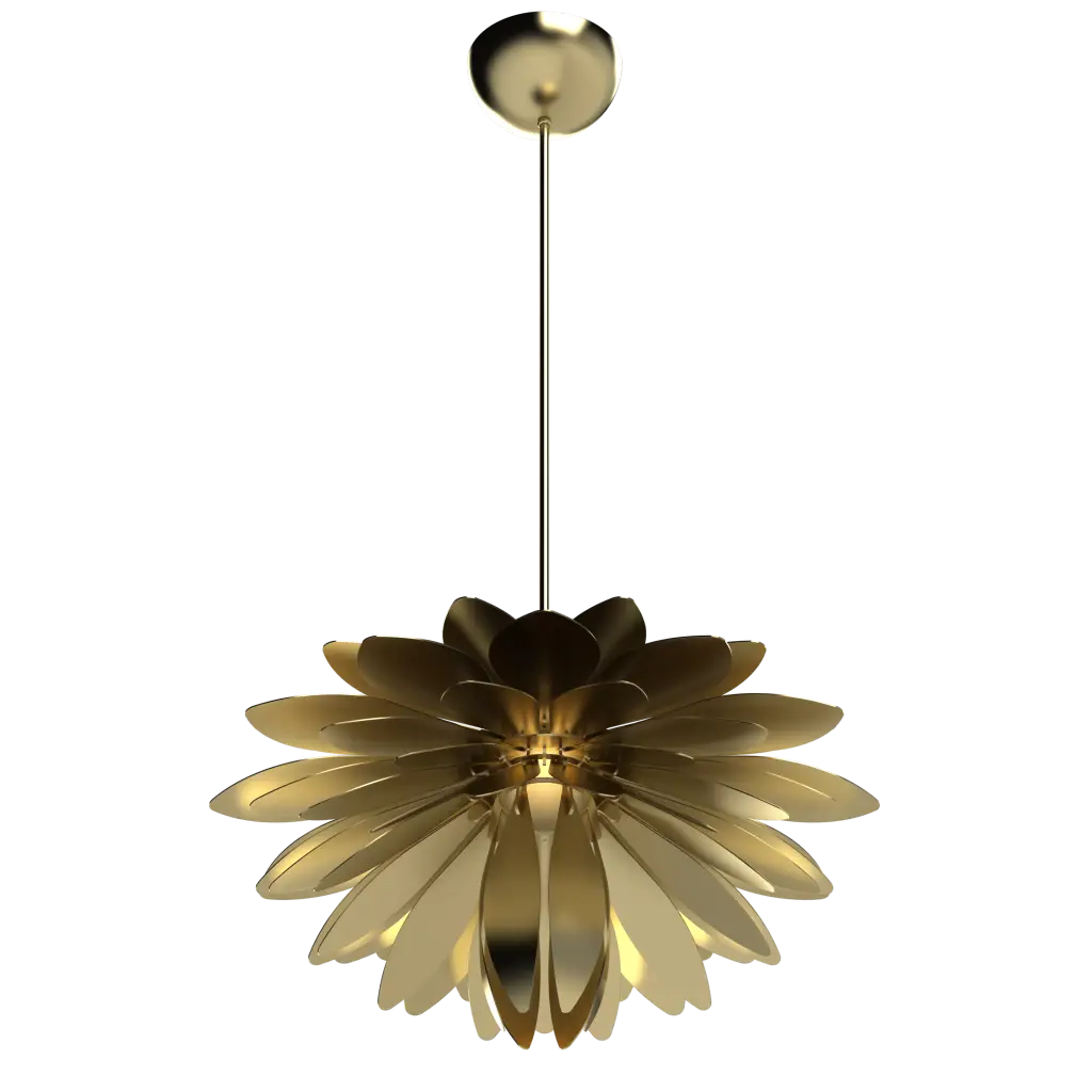 Gold floral pendant light on a white background