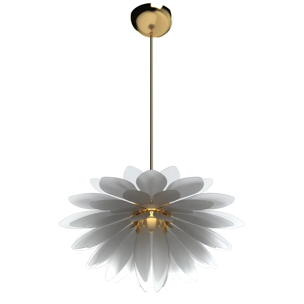 Floral-shaped pendant light with white petals and gold accents on a white background
