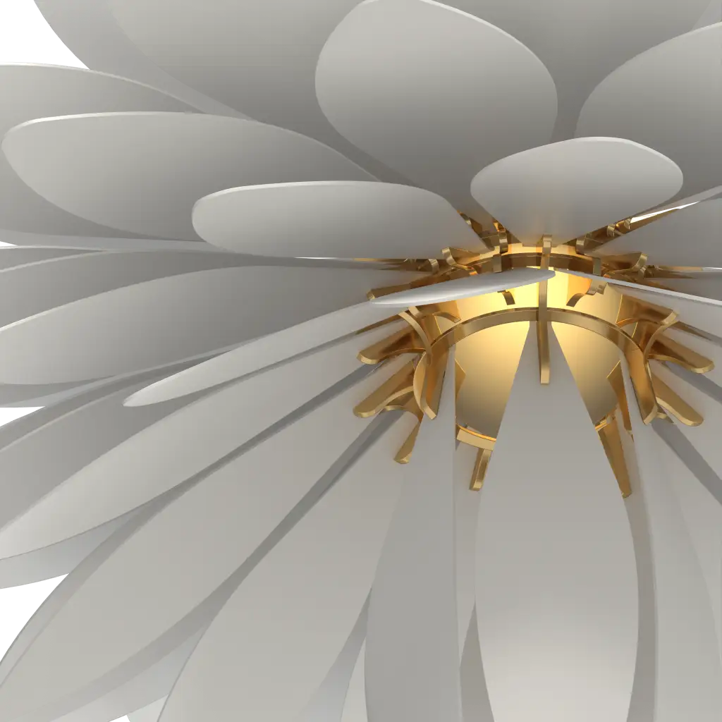 Ceiling fan with white blades and gold metal hub on a gray background