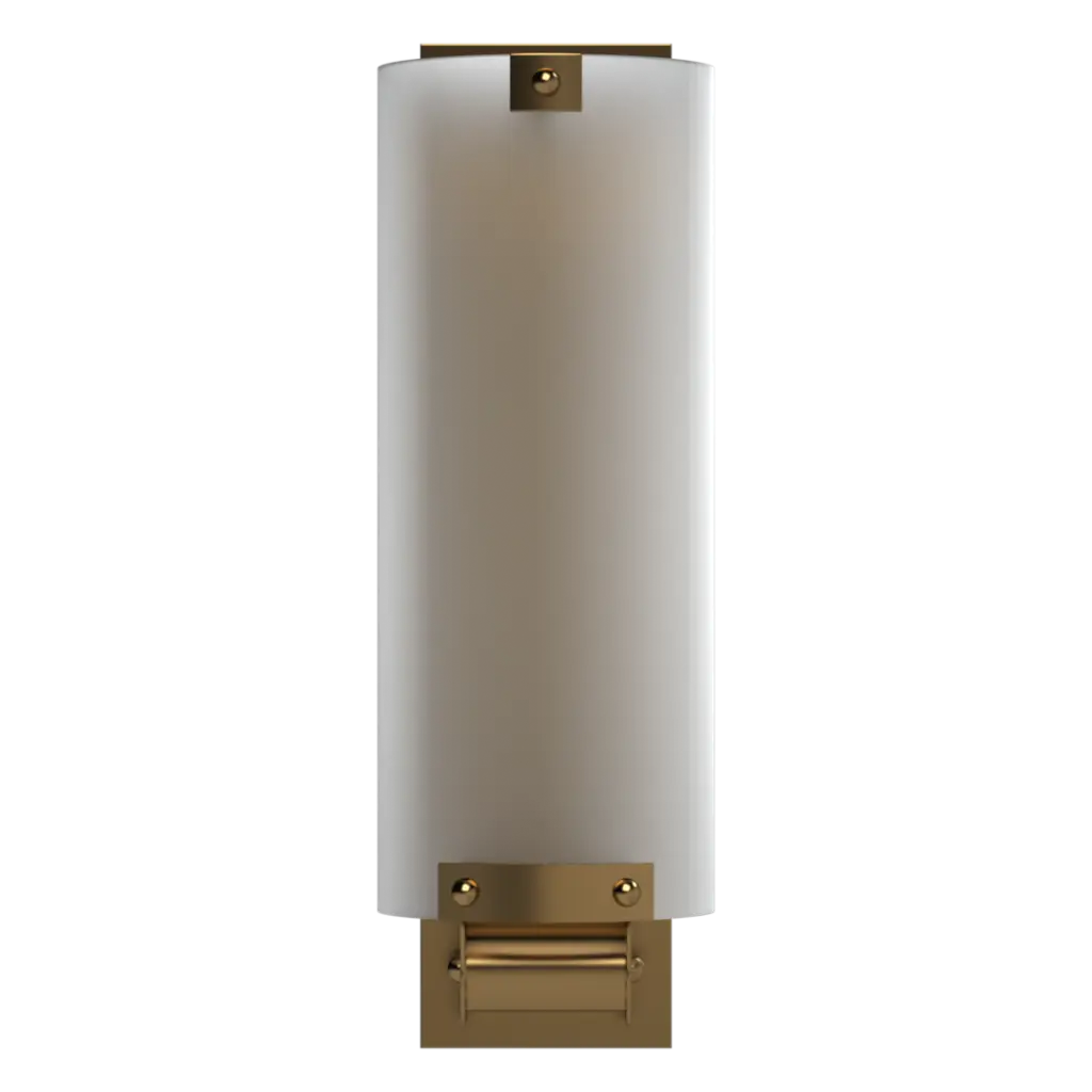 Wall sconce with white glass shade and gold metal base on a white background