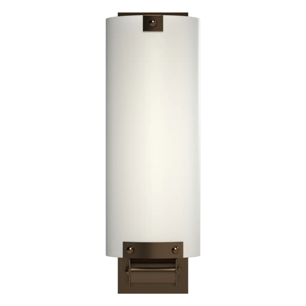 Wall-mounted light fixture with white shade and bronze base on a white background