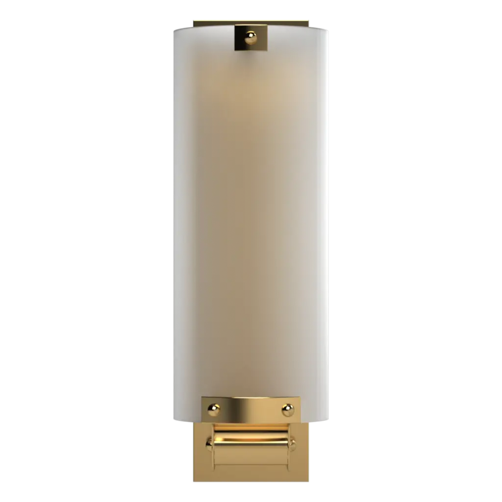 Wall sconce with white glass shade and gold metal base on a white background
