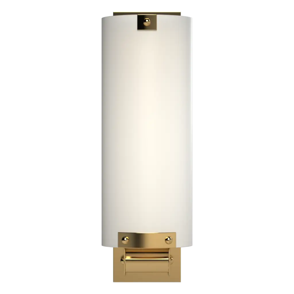 Wall sconce with white shade and gold metal base on a white background