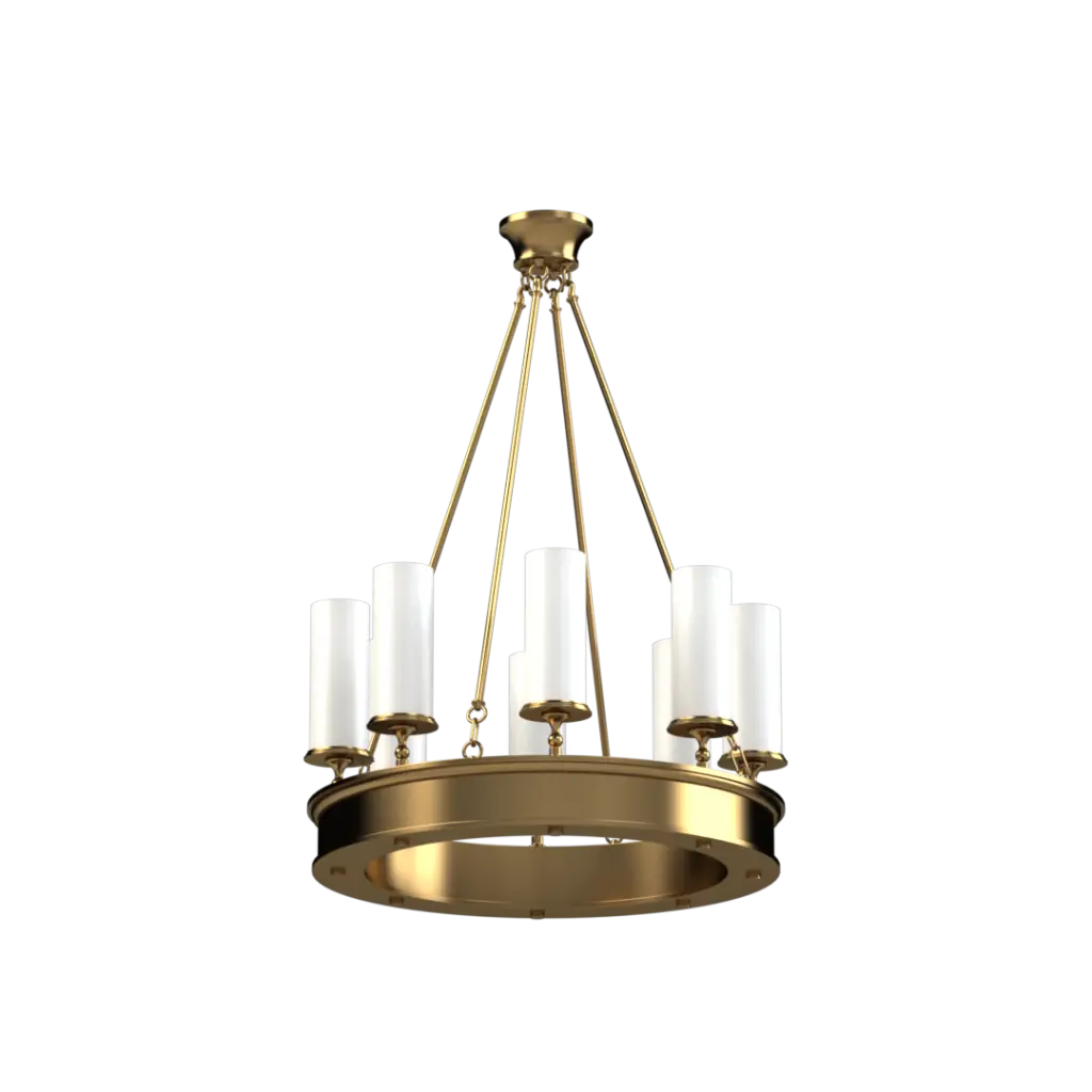 Gold chandelier with white candles on a white background