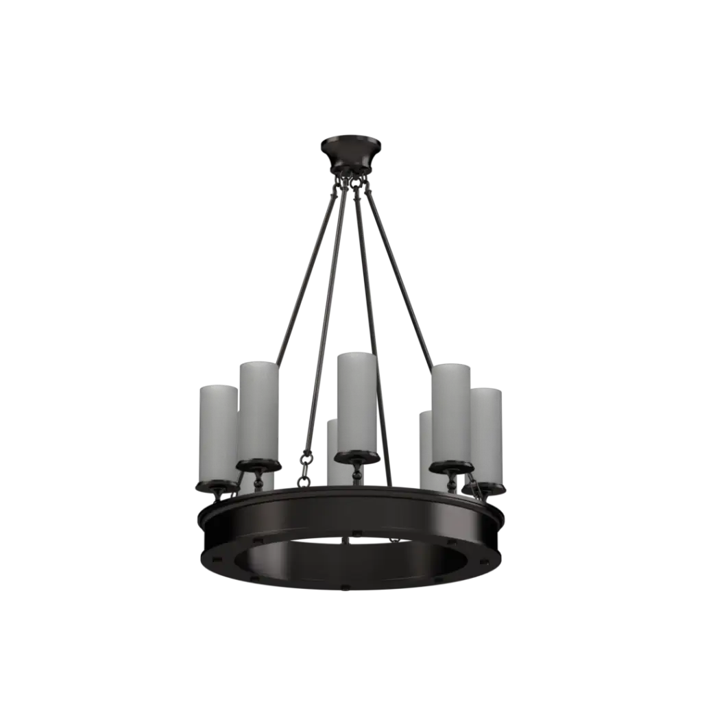 Black chandelier with six candle-style lights on a white background