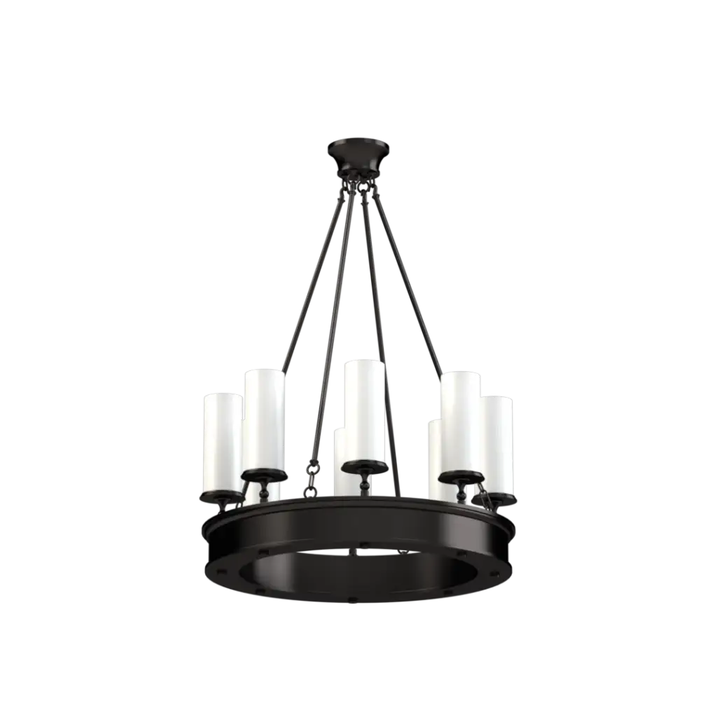Black chandelier with white candles on a white background