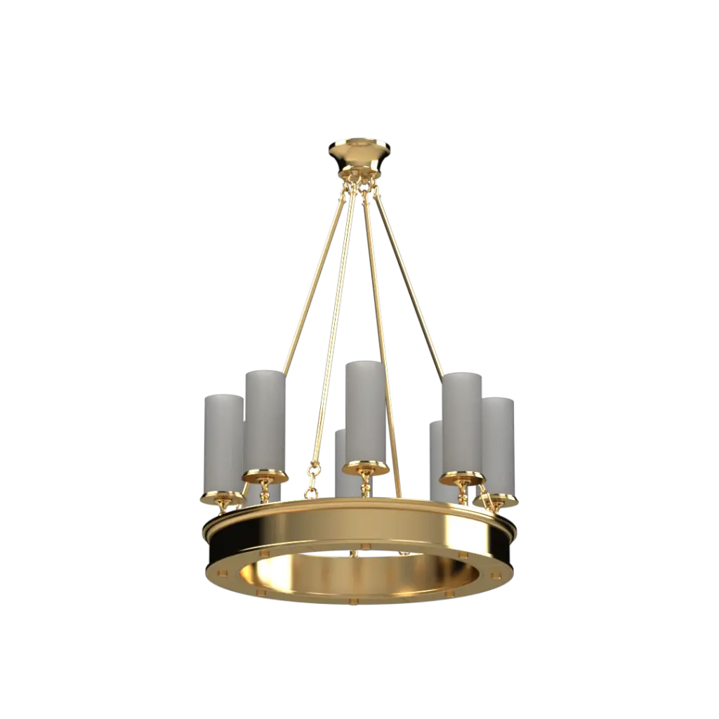 Gold chandelier with gray candles on a white background