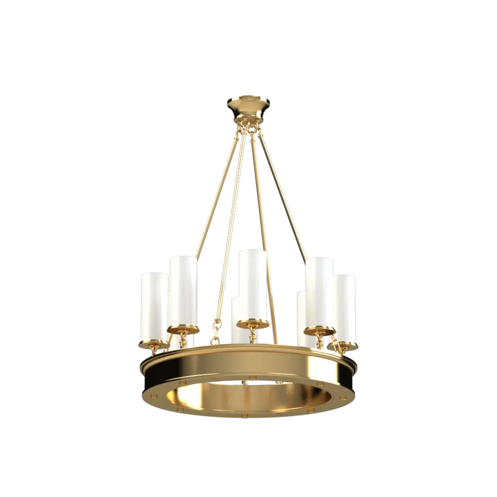 Gold chandelier with white candles on a white background