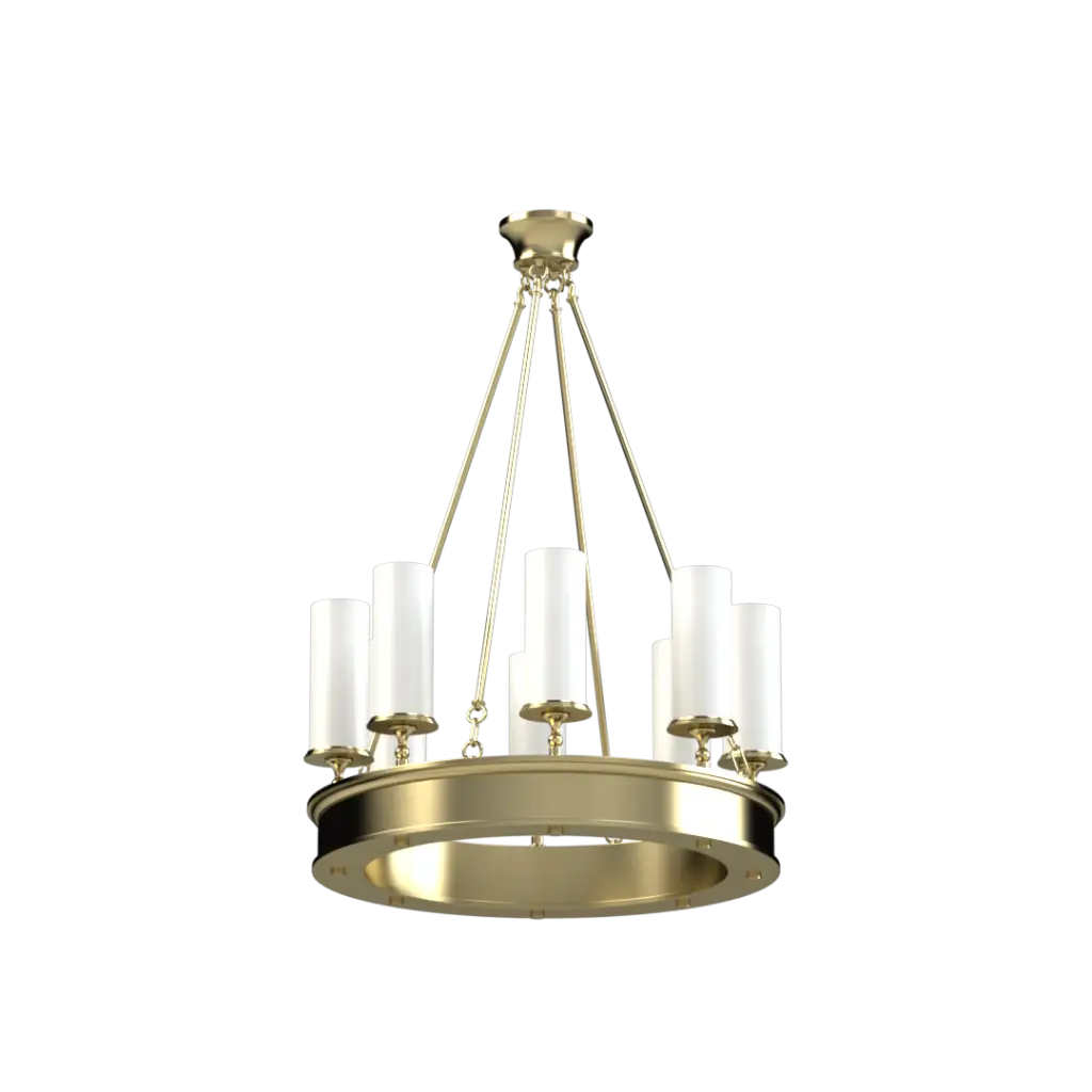 Gold chandelier with multiple candle-style lights on a white background