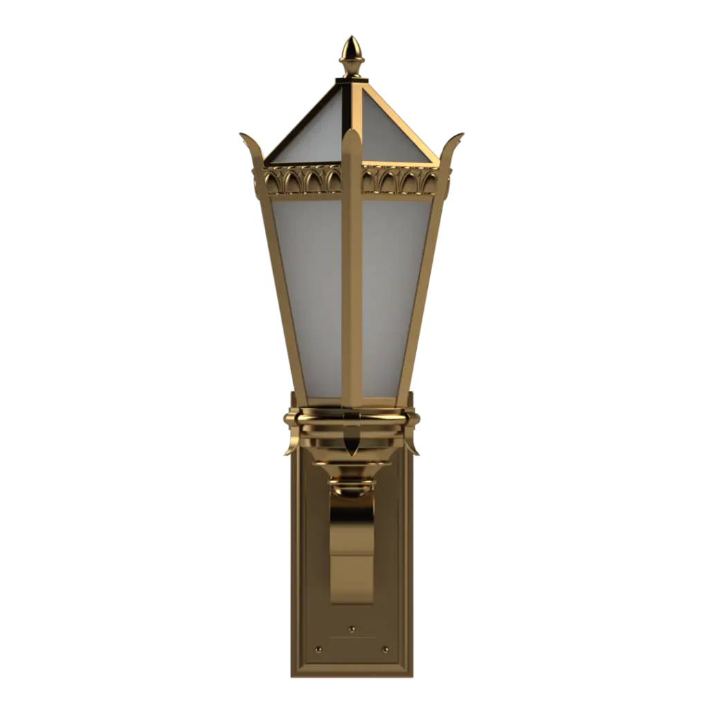 Decorative outdoor wall light fixture with gold finish on a white background