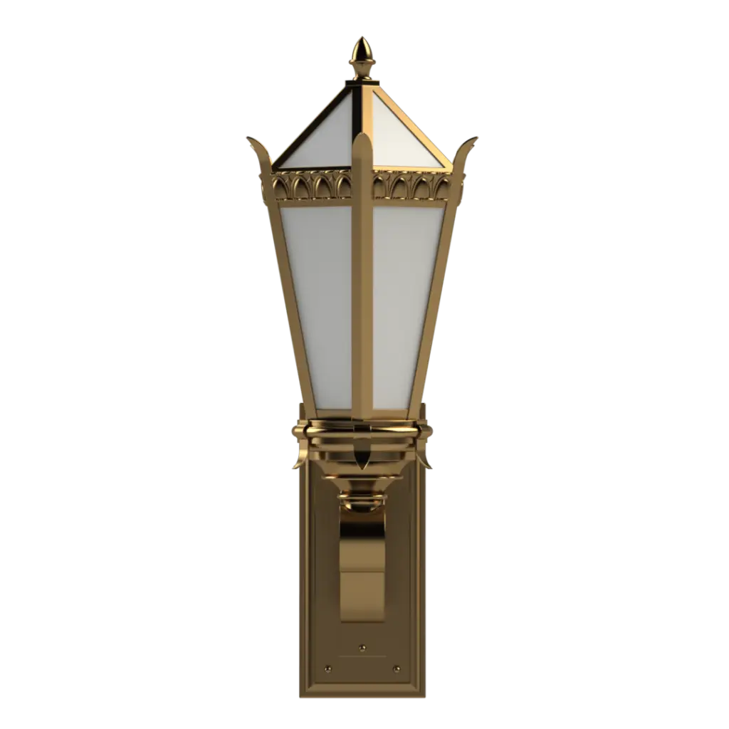 Decorative outdoor wall light fixture with gold finish on a white background