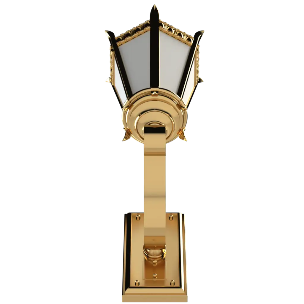 Gold wall-mounted lantern with a white glass cover on a white background