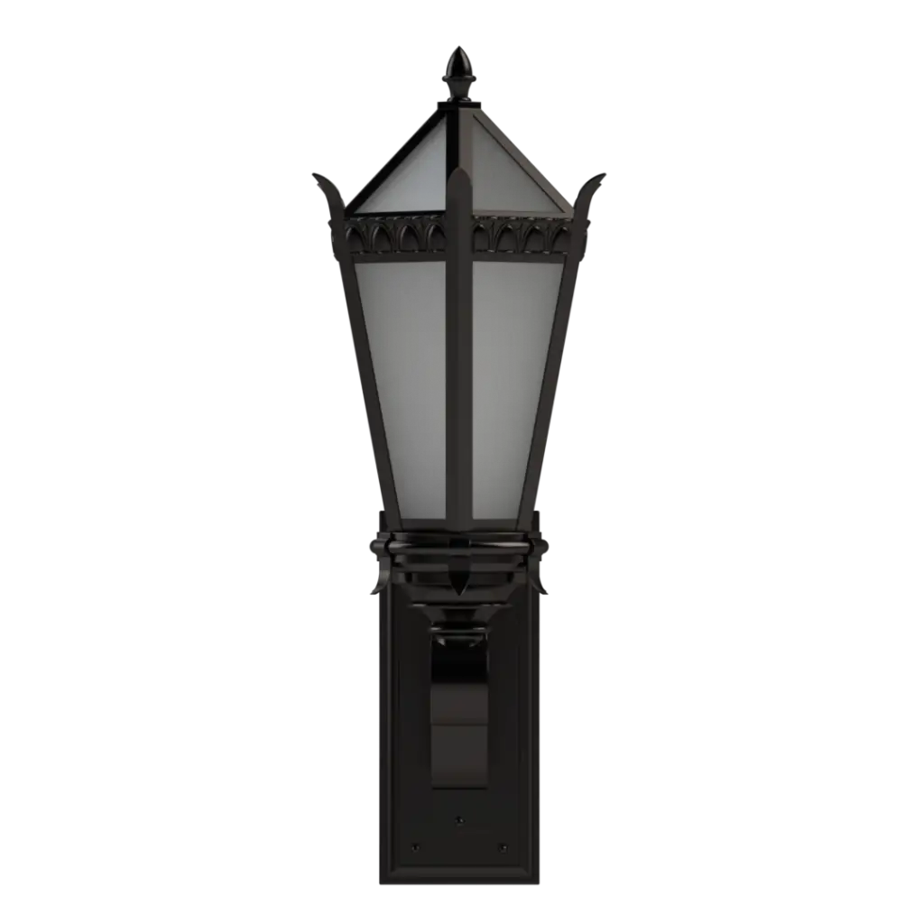 Black outdoor wall light fixture on a white background