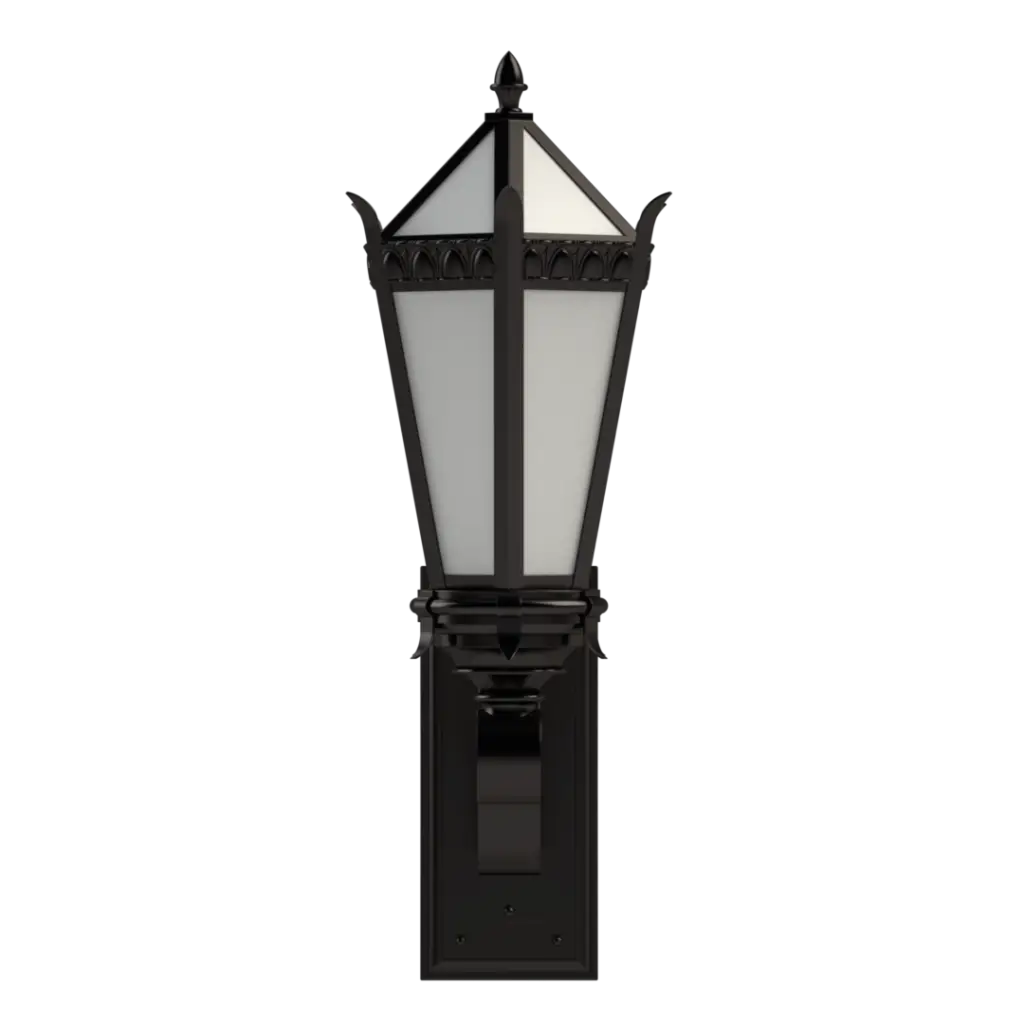 Black outdoor wall light fixture on a white background
