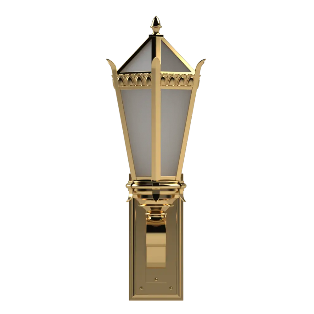 Decorative outdoor wall light fixture with gold finish on a white background