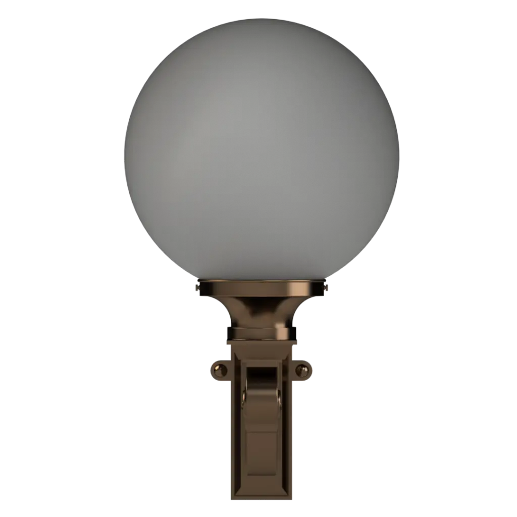 Spherical outdoor light fixture with bronze base on a white background