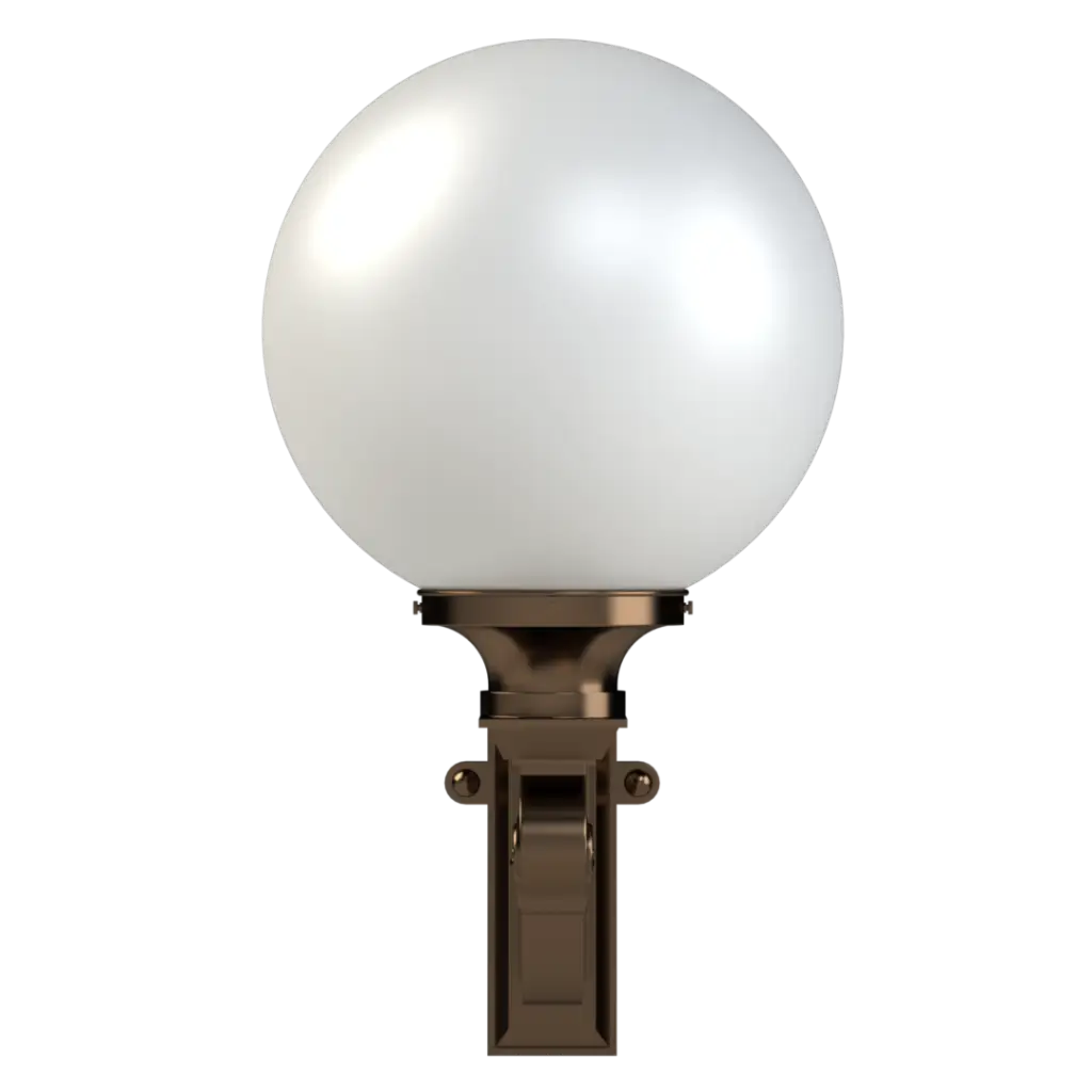 Spherical outdoor light fixture with bronze base on a white background