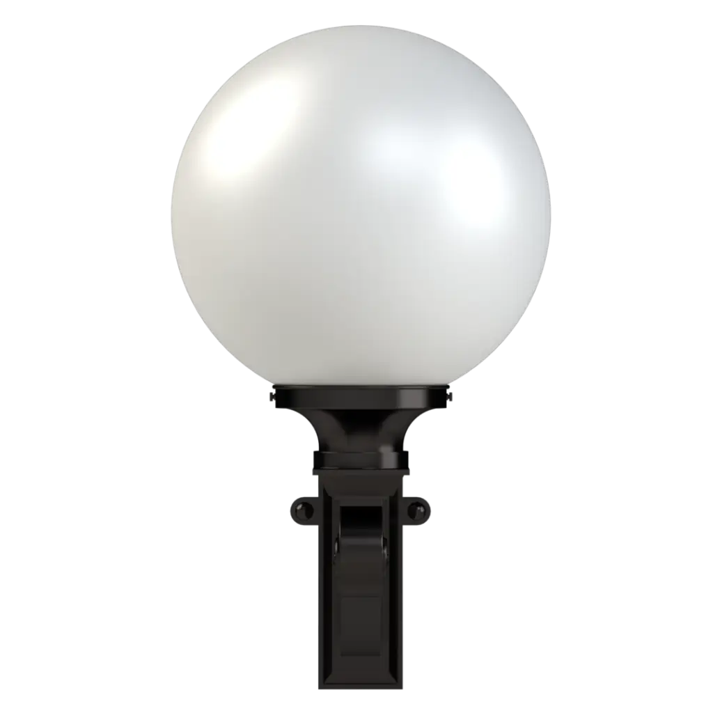 Spherical white light fixture on a black stand against a white background