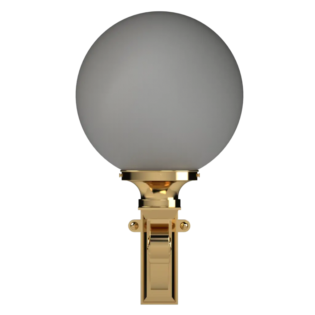 Wall-mounted light fixture with a gray globe and gold base on a white background