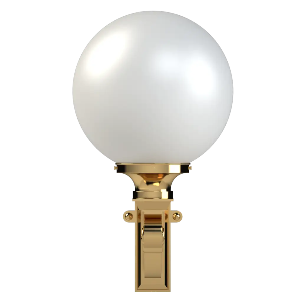 Wall-mounted light fixture with a gold base and white globe on a white background