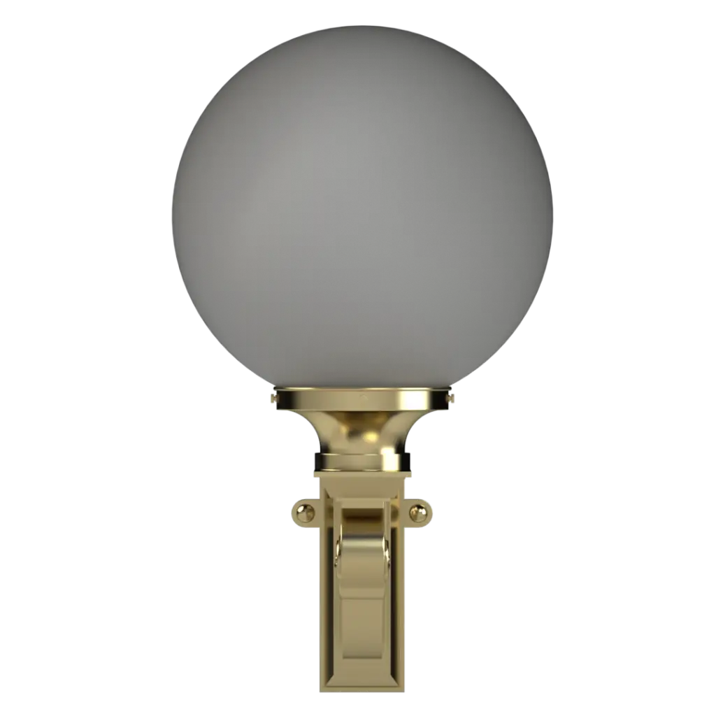 Wall-mounted light fixture with a gray globe and gold base on a white background