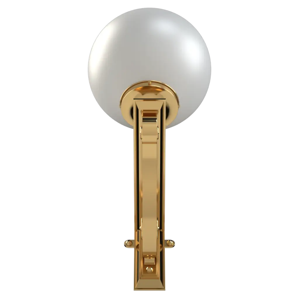 Wall sconce with gold fixture and white globe on a white background