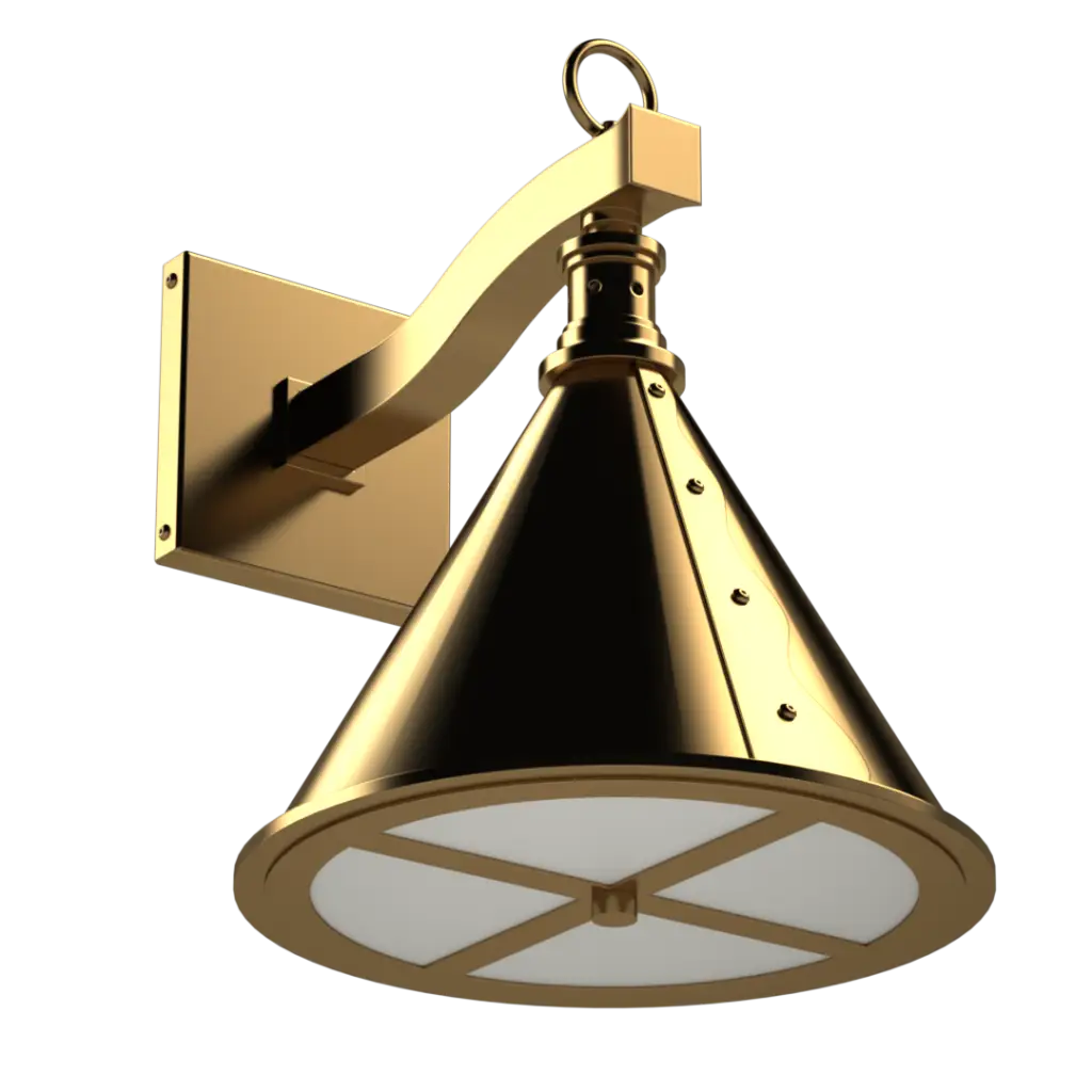 A brass-colored wall-mounted sconce with a conical shade and a frosted glass diffuser.