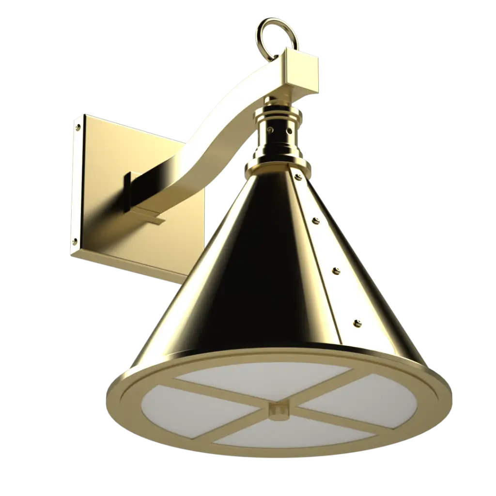 Brass wall-mounted outdoor light with a conical shade and a frosted glass diffuser.