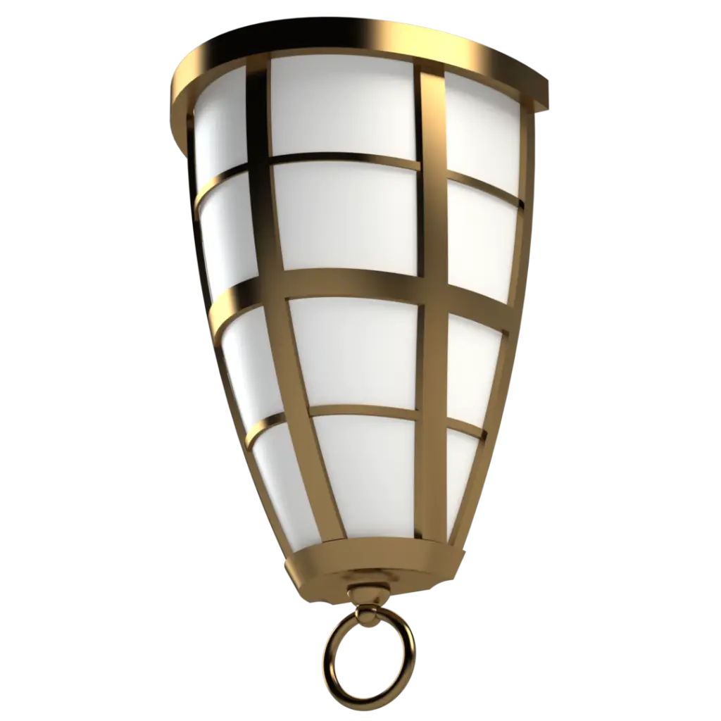 A brass and white glass lantern with a hanging ring.