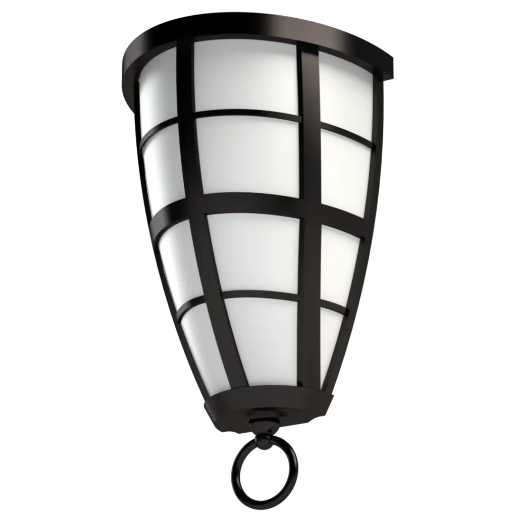 Black metal and white glass outdoor wall lantern with a decorative ring.