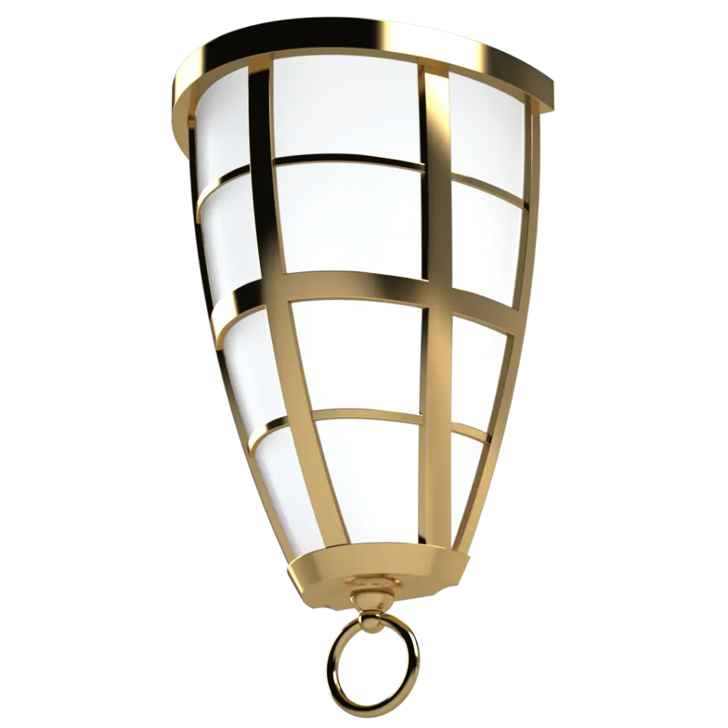 A golden lantern with a caged design and a hanging ring at the bottom.