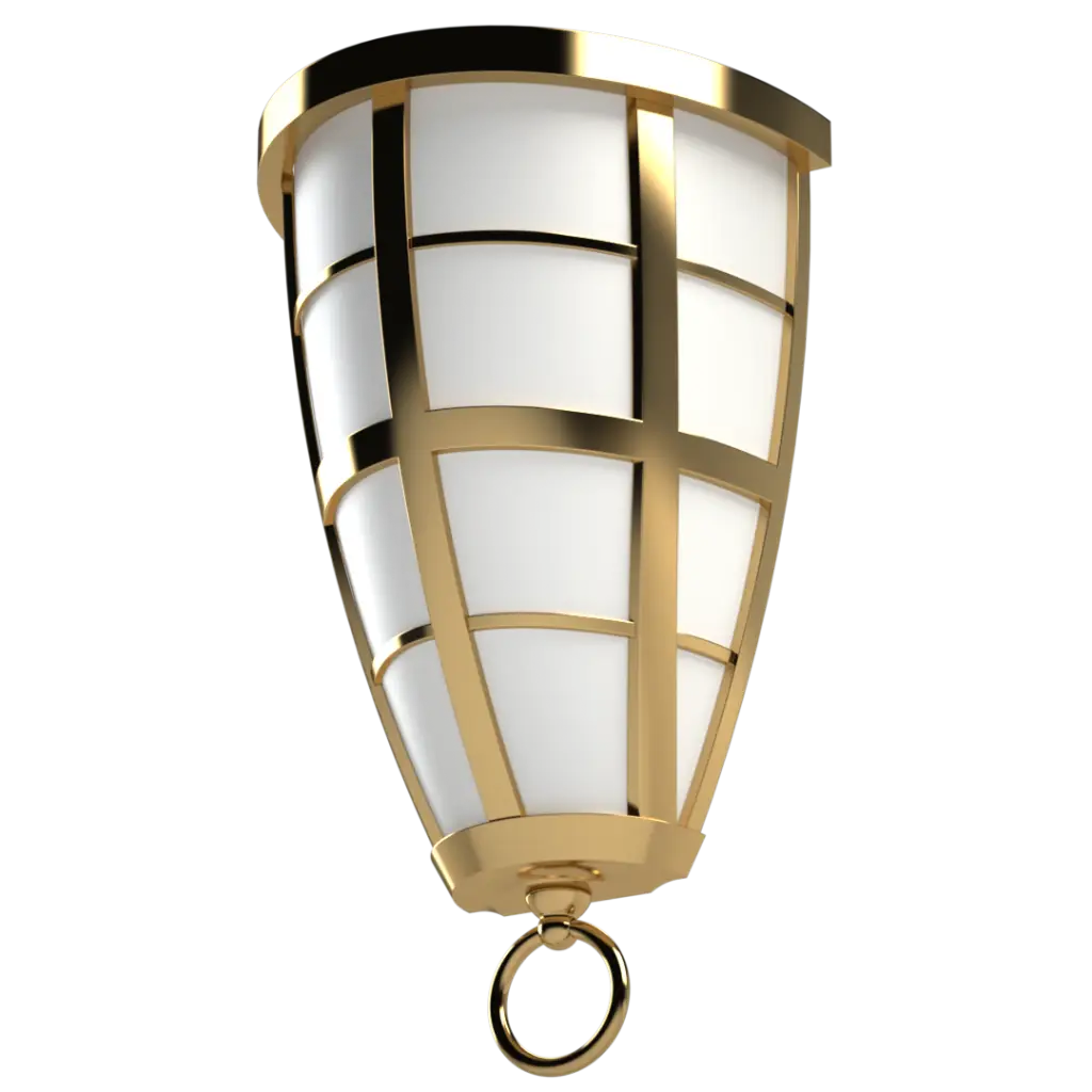 A gold-framed outdoor light fixture with white frosted panels and a hanging ring.