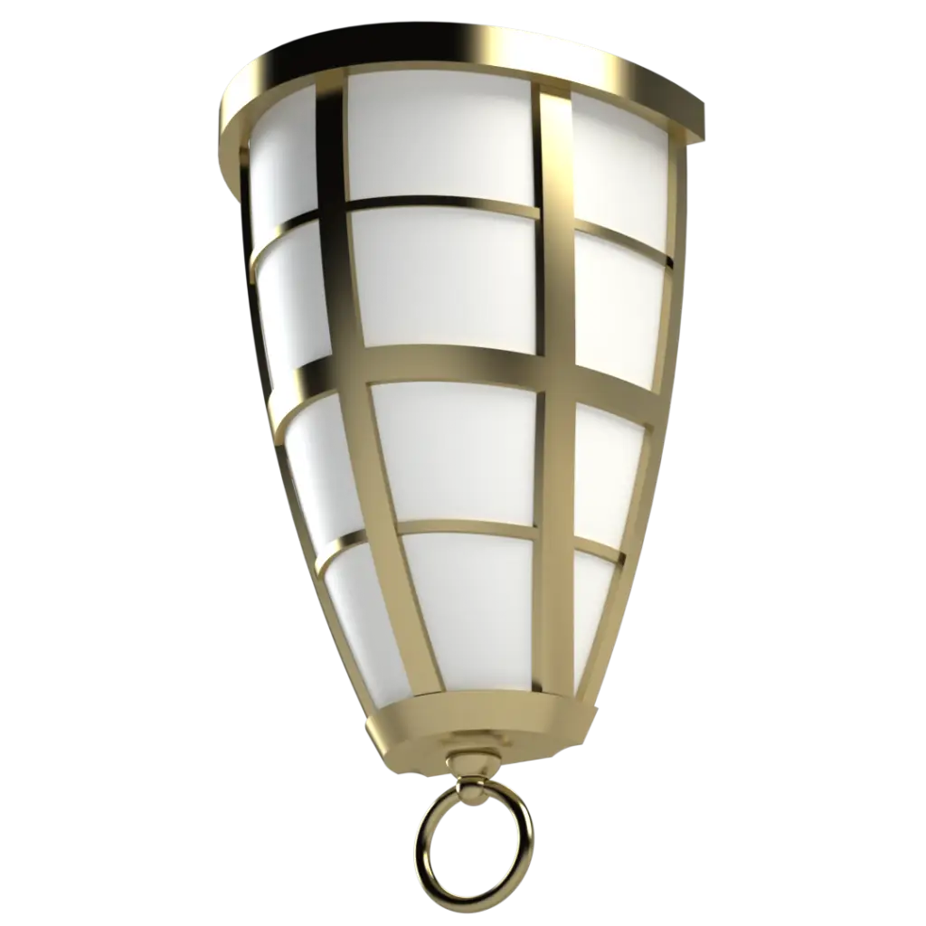A gold and white tapered outdoor lantern with a hanging ring.