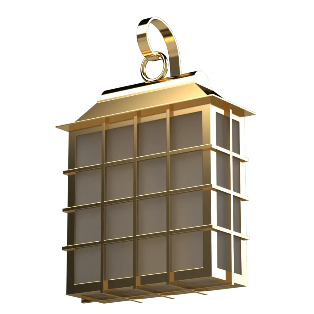A gold-colored lantern with a detailed grid pattern on its sides and a decorative hanging loop.