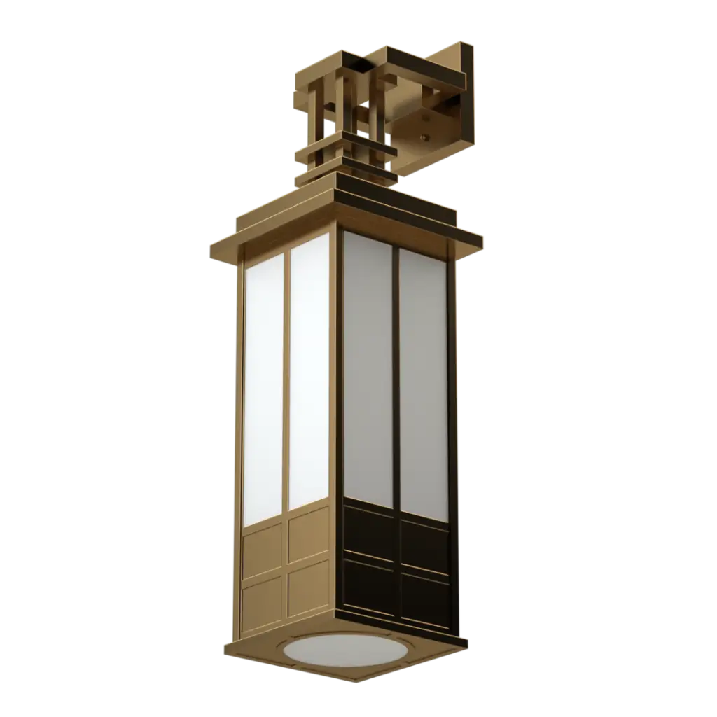 A rectangular outdoor wall lantern with a gold frame and white and black panels.