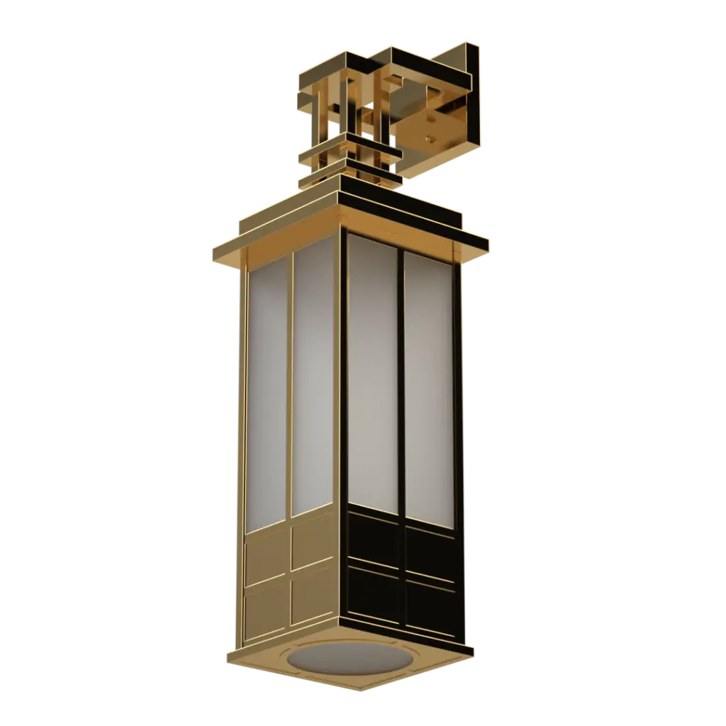 Gold and black art deco style outdoor lantern with frosted glass panels.