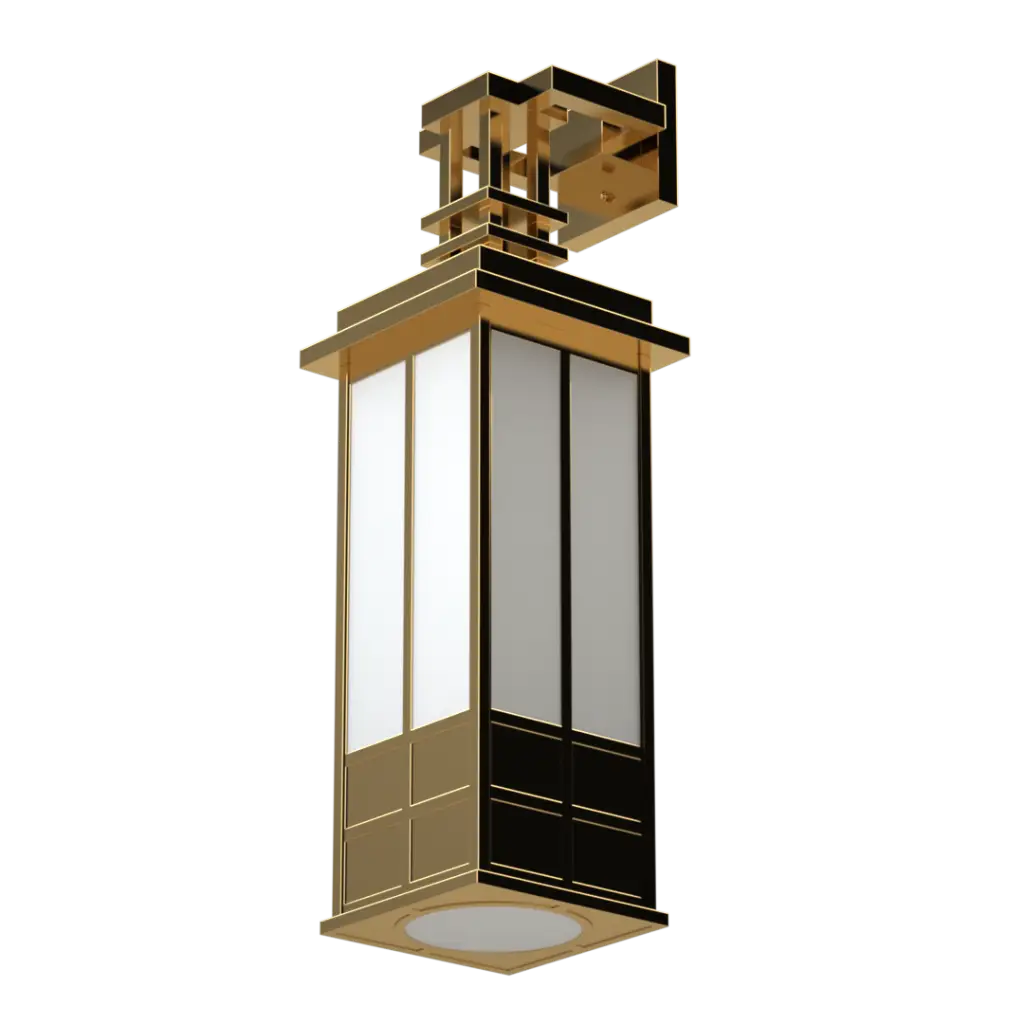 Rectangular, gold, and black outdoor wall lantern with frosted glass panels.