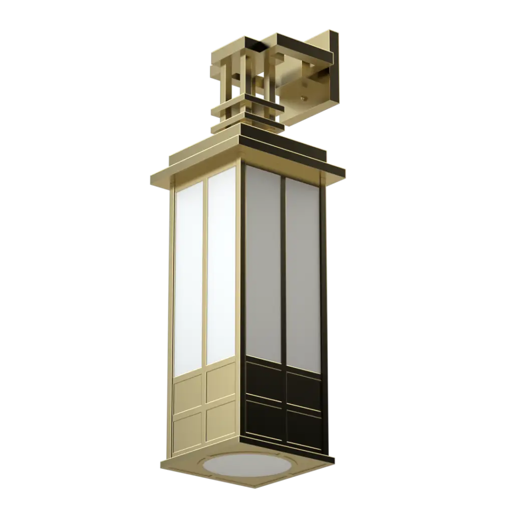 A modern outdoor wall lantern with a gold frame and frosted white panels.