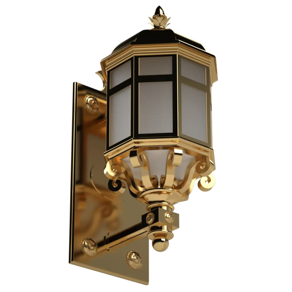 Ornate gold and black outdoor wall lantern with frosted glass panels.