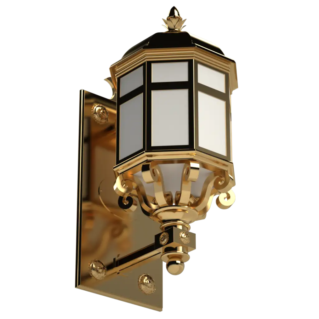 Ornate gold-plated wall lantern with an octagonal glass housing.